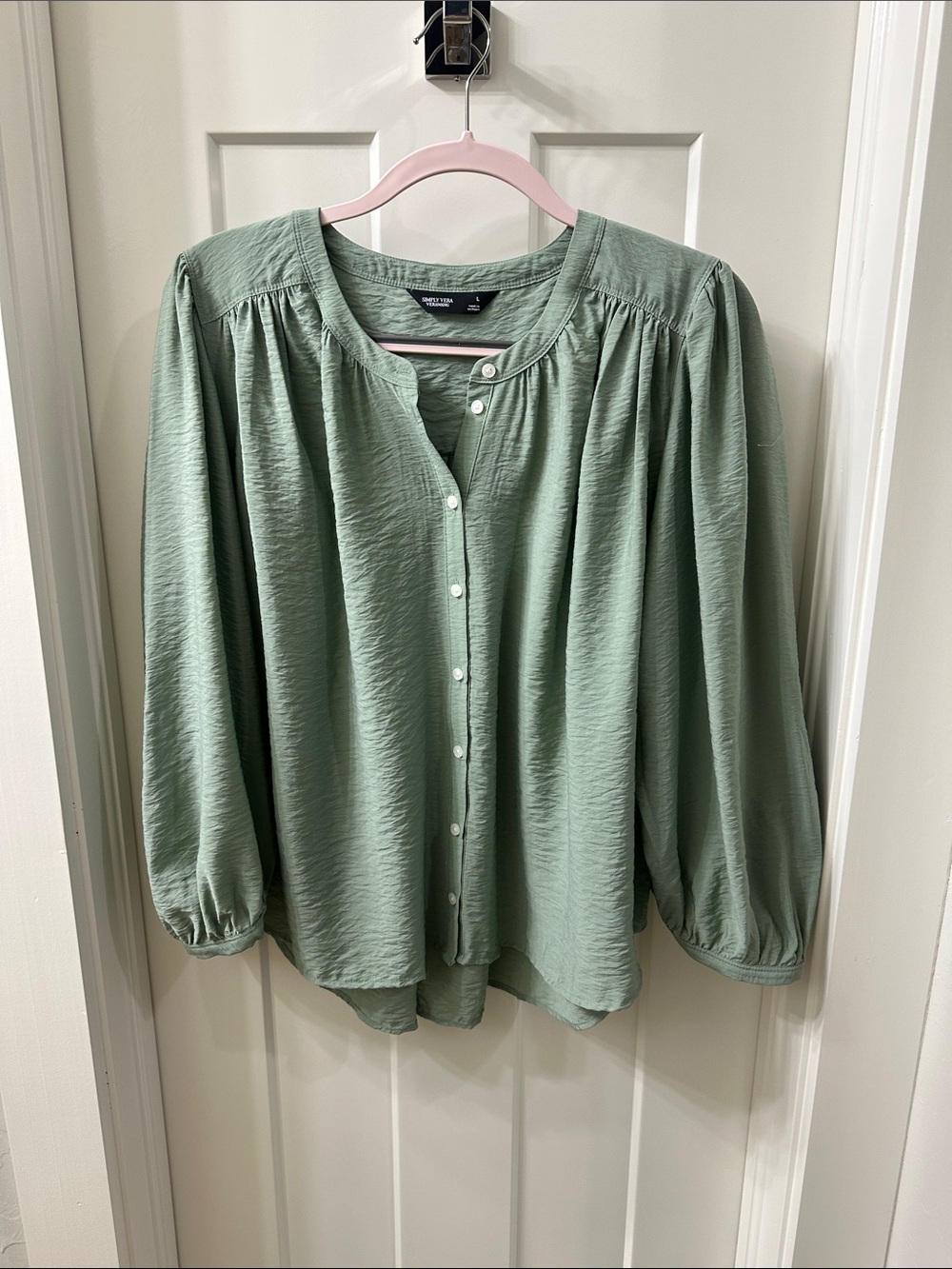 NWT Simply Vera Vera Wang Sage Green Button-Front Peasant Blouse L